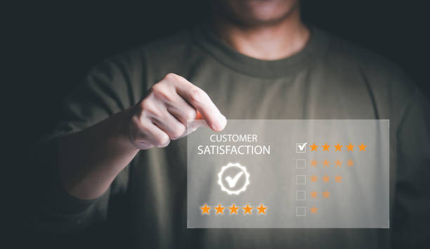 istock Satisfaction survey concept and customer service, using digital media technology, questionnaire, and rating satisfaction, rating satisfaction five stars, searching for information, online marketing 1478995784