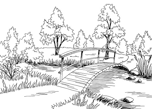 Bridge graphic river black white landscape sketch illustration vector