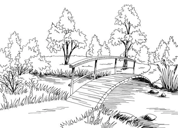 Vector illustration of Bridge graphic river black white landscape sketch illustration vector