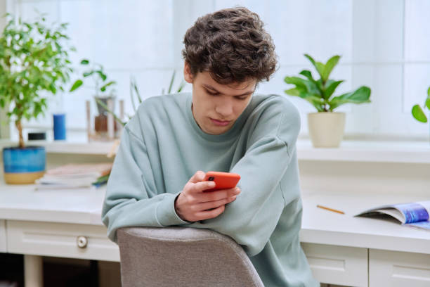 istock Handsome young guy using smartphone sitting on chair in home 1479003617