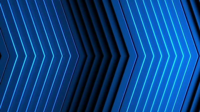 Seamless loop. Blue neon glowing arrows motion. Direction banner. Futuristic light on black background.