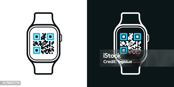 istock Smartwatch with QR code. Bicolor line icon on black or white background - Editable stroke 1479007710