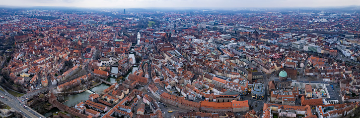 Aerial view of old town of the city Nürnberg in Germany, Bavaria on a late winter afternoon.