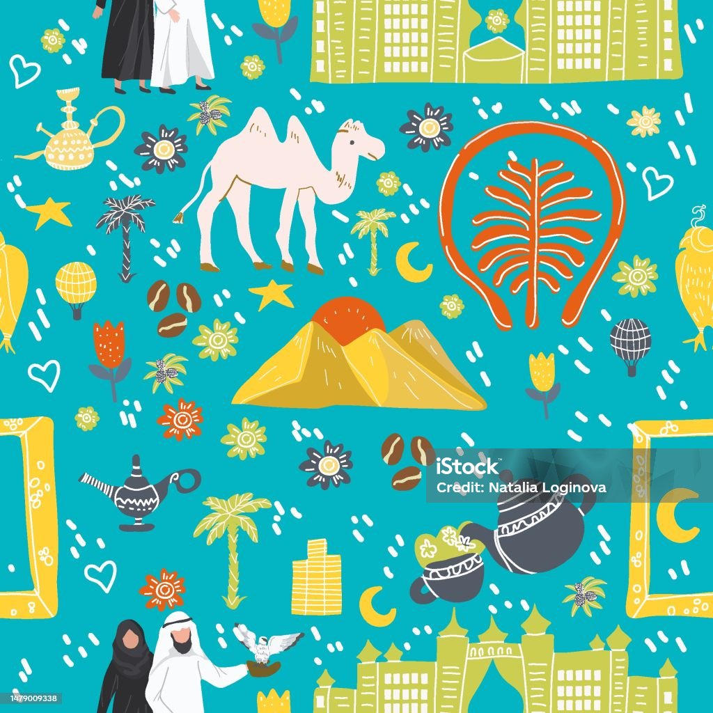 Emirates Pattern Dubai United Arab Emirates Seamless Pattern Hand Drawn Vector ...