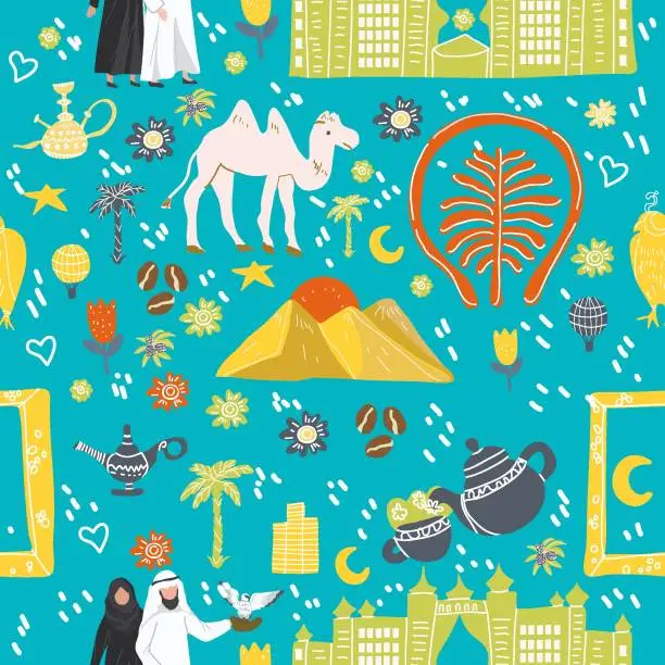 Vector illustration of Dubai, United Arab Emirates seamless pattern hand drawn vector illustration. Background, digital paper, for guidebook, poster, travel booklet, fashion design.