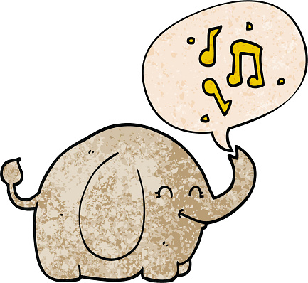 cartoon trumpeting elephant with speech bubble in retro texture style