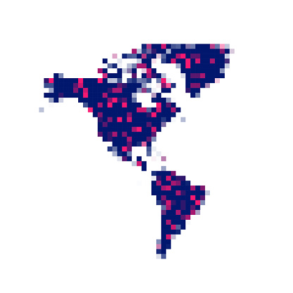 Map of America created with pink and purple square dots on a blank background. Modern and trendy mosaic illustration in pixel art style. Vector Illustration (EPS file, well layered and grouped). Easy to edit, manipulate, resize or colorize. Vector and Jpeg file of different sizes.