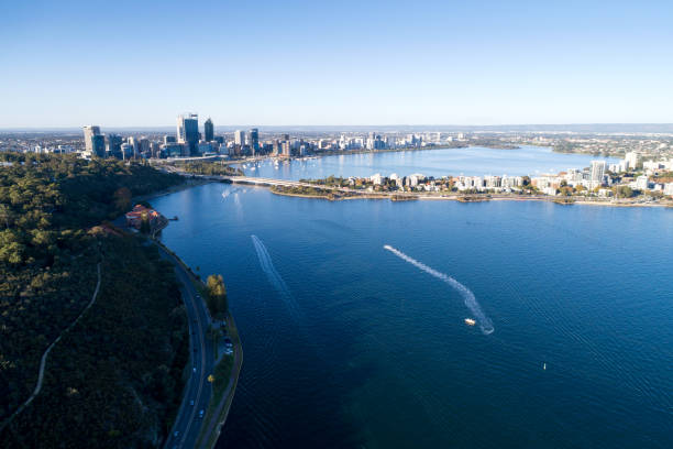 Aerial view on Mounts Bay Road, Old Swan Brewery, Perth CBD, Kwinana Freeway and South Perth on the River Swan. Perth, Western Australia