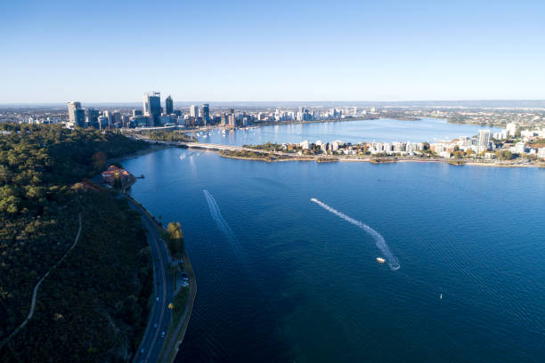 Aerial view Perth CBD and South Perth. Western Australia Aerial view on Mounts Bay Road, Old Swan Brewery, Perth CBD, Kwinana Freeway and South Perth on the River Swan. Perth, Western Australia kings park stock pictures, royalty-free photos & images