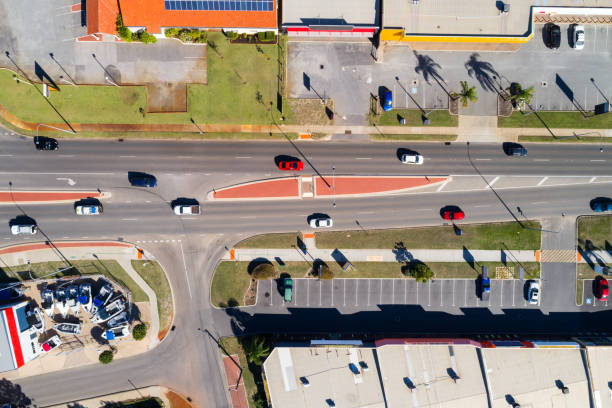 Car traffic on the Great Eastern Highway.  Aerial view, Midland, Perth, Western Australia stock photo