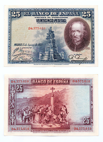 Spanish old banknote of 25 pesetas printed in 1928