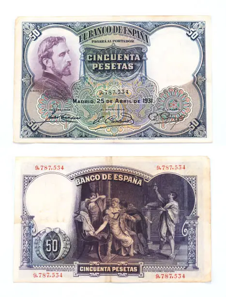 Photo of Spanish old banknote of 50 pesetas printed in 1931