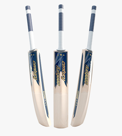A modern wooden cricket bat with generic brand decals on an isolated white background - 3D render