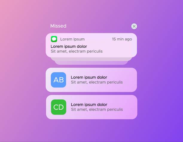 Push notification template mockup with transparent effect Push notification template mockup with transparent effect on trendy gradient background phone text message mockup stock illustrations