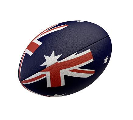 A white textured rugby ball with color design representing the Australia national flag on a isolated background - 3D render