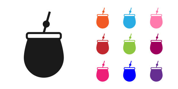 ilustraciones, imágenes clip art, dibujos animados e iconos de stock de icono de té mate negro aislado sobre fondo blanco. establece iconos coloridos. vector - 5600