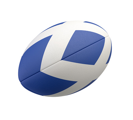 A white textured rugby ball with color design representing the Scotland national flag on a isolated background - 3D render