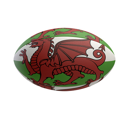 A white textured rugby ball with color design representing the Wales national flag on a isolated background - 3D render