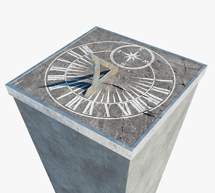 A square stone sundial with etched roman numerals standing an a monolithic rock base on an isolated studio background - 3D render