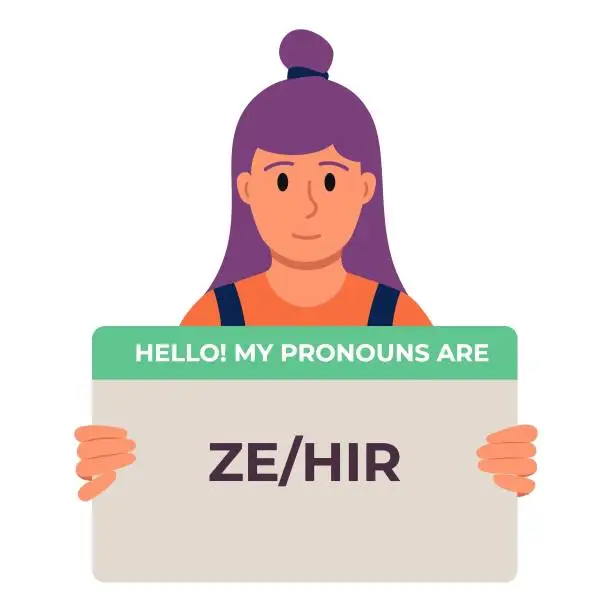 Vector illustration of Purple Hair Non Binary Person Holding Sign With Pronouns Ze Hir. Flat Style Vector Illustration