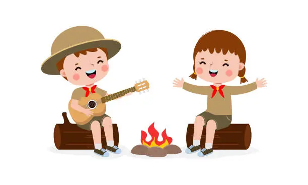 Vector illustration of Happy cute little kids wear boy scout honor uniform playing guitar around the campfire, kids summer camp children girl scout cartoon flat character isolated vector illustration on white background