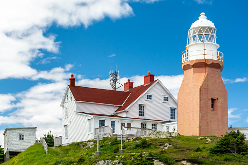 Long Point Lighthouse with blue sky, Twillingate, Newfoundland and Labrador, Canada.