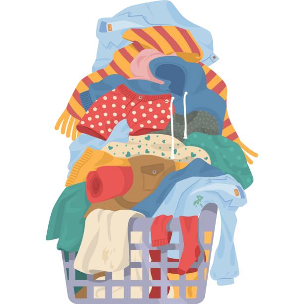 Vector scattered clothes in basket icon on white Vector scattered clothes in basket icon. Laundry wash pile isolated on white background folded sweater stock illustrations