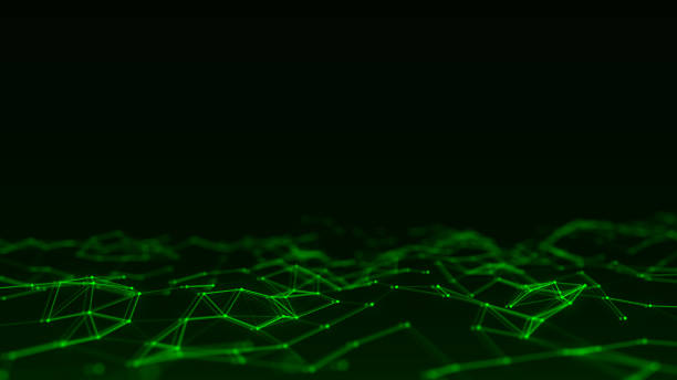 istock Green wave with motion dots and lines. Abstract digital glitch background. Concept connection big data. Futuristic technology backdrop. 3D rendering. 1479030669
