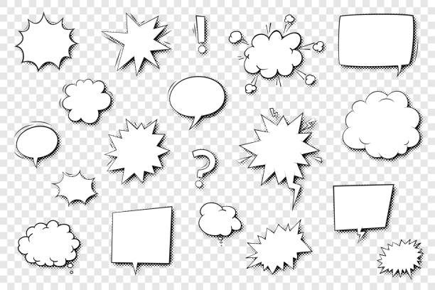 Collection of empty comic speech bubbles with halftone shadows on transparent background. Vector speech bubbles set. Carefully layered and grouped for easy editing. clip art of balloon outline stock illustrations