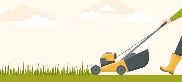 Vector illustration of Man cutting grass with lawn mover. Gardener with a mowing machine, copy space. Flat vector illustration