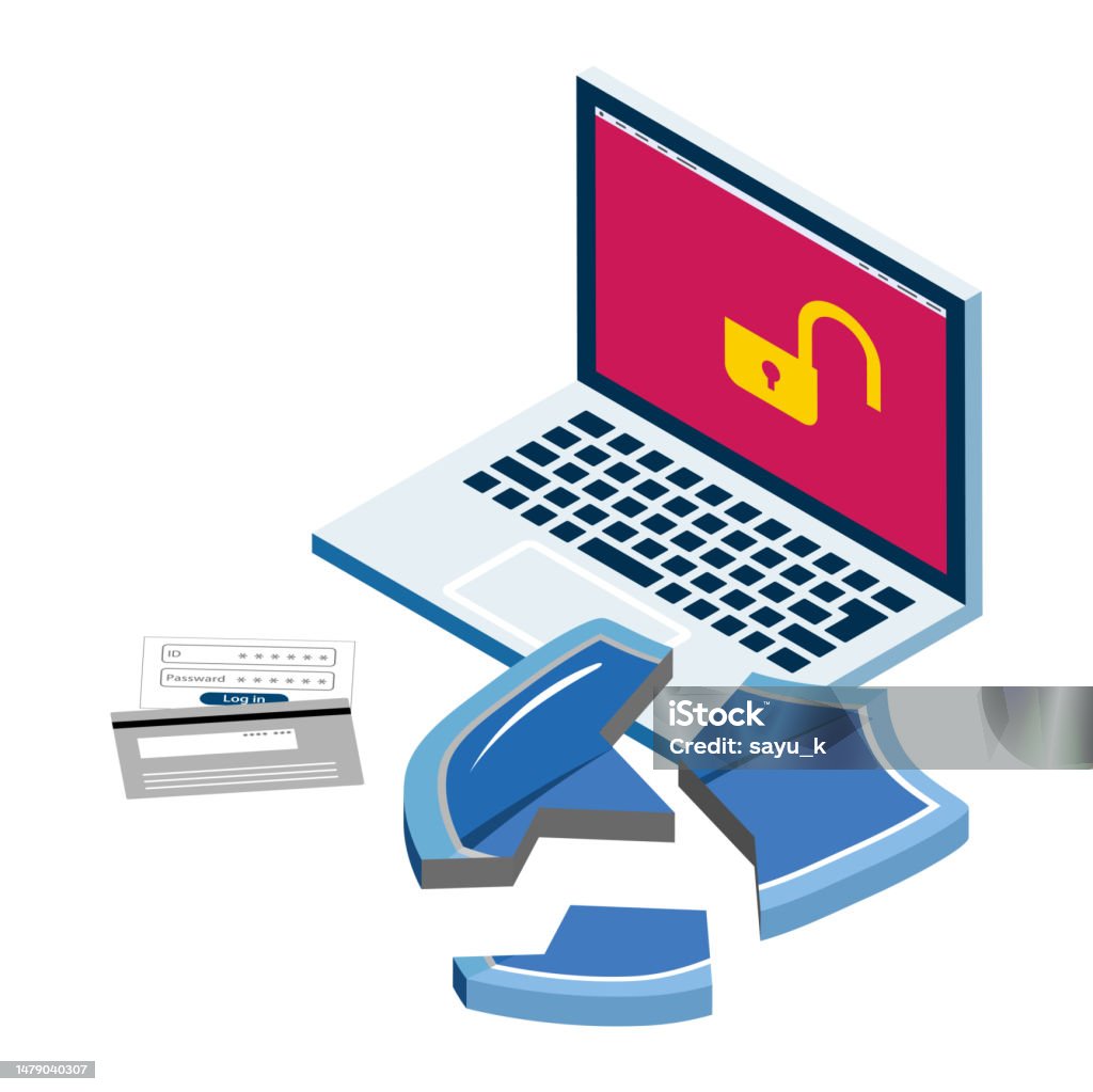 Unlocked Computer Graphics The Broken Shield And The Laptop Computer Displaying An Unlocked Screen ...