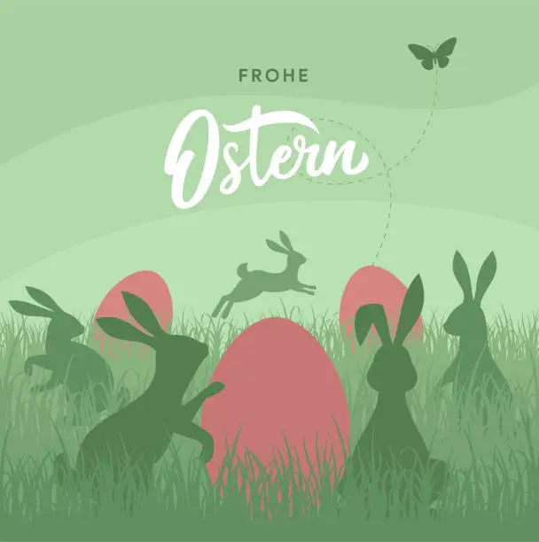 Vector illustration of Easter card with rabbits and eggs. Frohe Ostern.