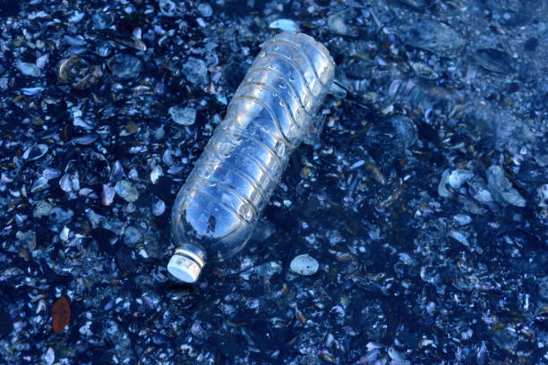 Plastic pollution in ocean (Environment concept), selective focus. stock photo