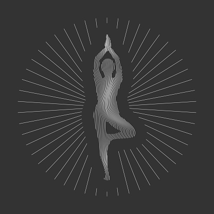 Isolated yoga label with Tree pose from waves lines.  Isolated woman silhouette in gray. Logo of yoga pose  in sketch style for your  design, UI.  EPS10.