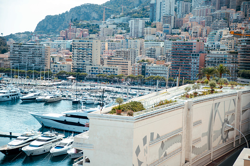 Principality of Monaco - 02.09.2018: Port Hercule overlook with La Condamine, Monaco-Ville, the Prince's Palace and a palm tree in foreground