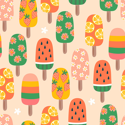 Summer seamless pattern design with cute ice cream and popsicle. Childish print for cards, wallpaper and background. Vector Illustration