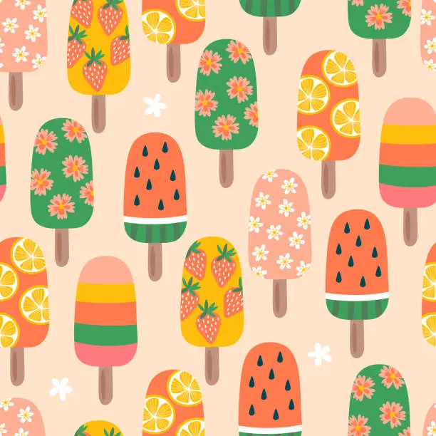 Vector illustration of Summer seamless pattern design with cute ice cream and popsicle. Childish print for cards, wallpaper and background. Vector Illustration