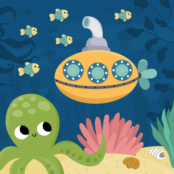 istock Vector under the sea landscape illustration with octopus and submarine. Ocean life scene with sand, seaweeds, corals, reefs. Cute square water nature background. Aquatic picture for kids 1479048108