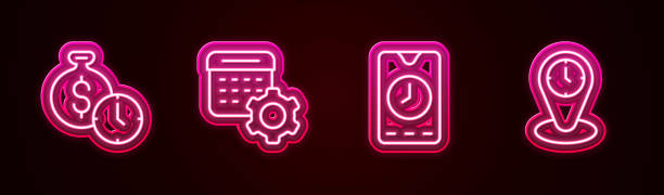 istock Set line Time is money, Calendar settings, Alarm clock app mobile and zone clocks. Glowing neon icon. Vector 1479048294