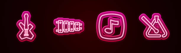 istock Set line Electric bass guitar, Xylophone, Music note, tone and Triangle musical instrument. Glowing neon icon. Vector 1479049152