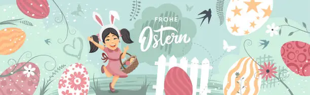 Vector illustration of Happy Easter Banner Concept Design.  Easter Egg Hunt. Frohe Ostern.