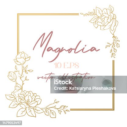 istock Wedding or party invitation template with a golden magnolia flower. Square card template with botanical design 1479053497