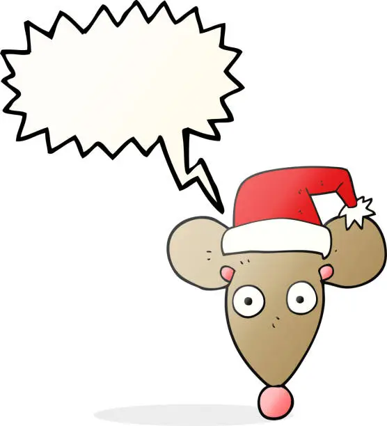 Vector illustration of freehand drawn speech bubble cartoon mouse in christmas hat