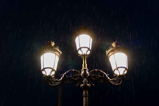 O'Connell Bridge Street lamp night rain shot, Dublin Ireland