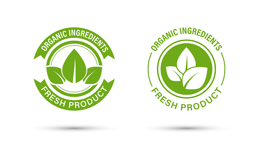 Organic ingredients with green leaves label. Vegan food or nature ingredients nutrition or cosmetic product package logo design template