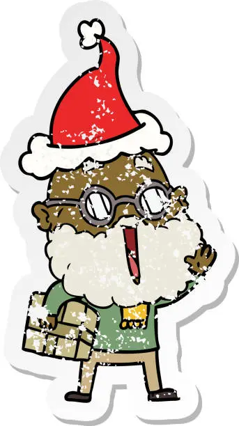 Vector illustration of hand drawn distressed sticker cartoon of a joyful man with beard and parcel under arm wearing santa hat