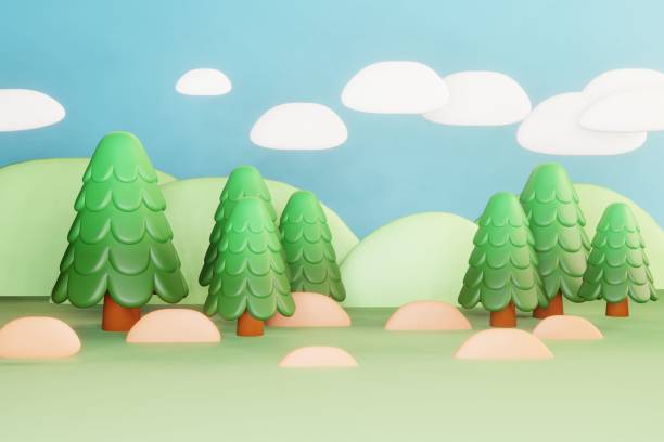 istock 3D render of a cute cartoon forest with green trees under a blue sky 1479059484