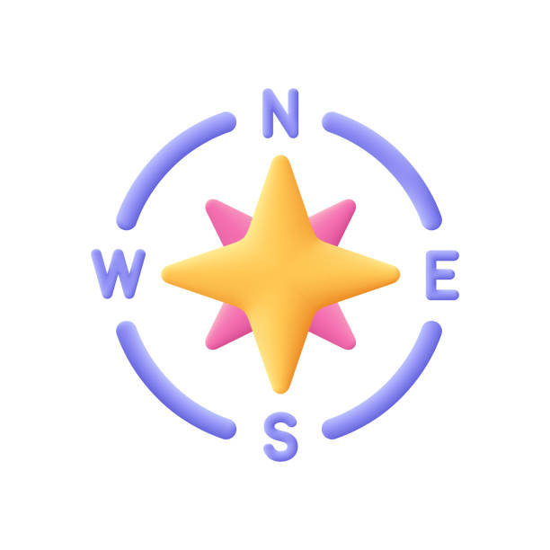 ilustrações de stock, clip art, desenhos animados e ícones de cardinal points star, four cardinal directions, compass wind rose with north, south, east and west. cartography, navigation and map concept. 3d vector icon. cartoon minimal style. - compass three dimensional shape wind rose east