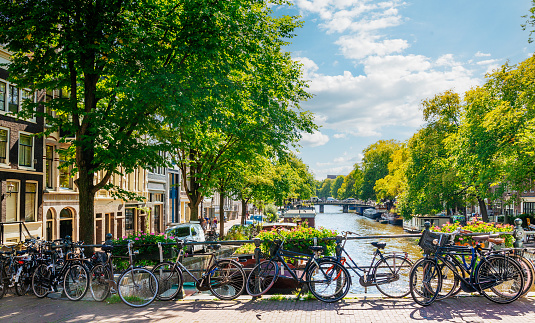 Bicycles parked on a bridge over a canal in central Amsterdam, with typical Dutch houses and green trees on both sides under a sunny, clear sky.