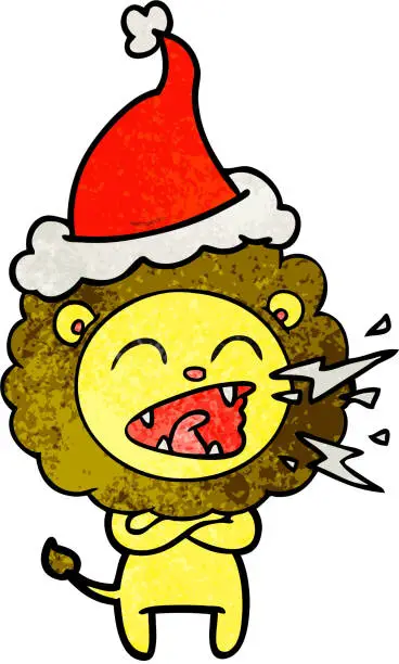 Vector illustration of hand drawn textured cartoon of a roaring lion wearing santa hat